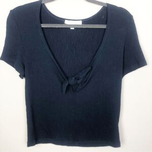 LOVE TREE | Navy Blue Deep Plunge Tie Front Top Short Sleeve Women’s Size Large